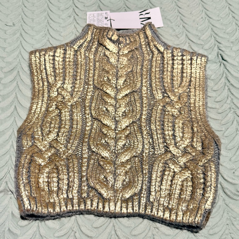 Zara Gold and Gray Cable Knit Sweater Vest
